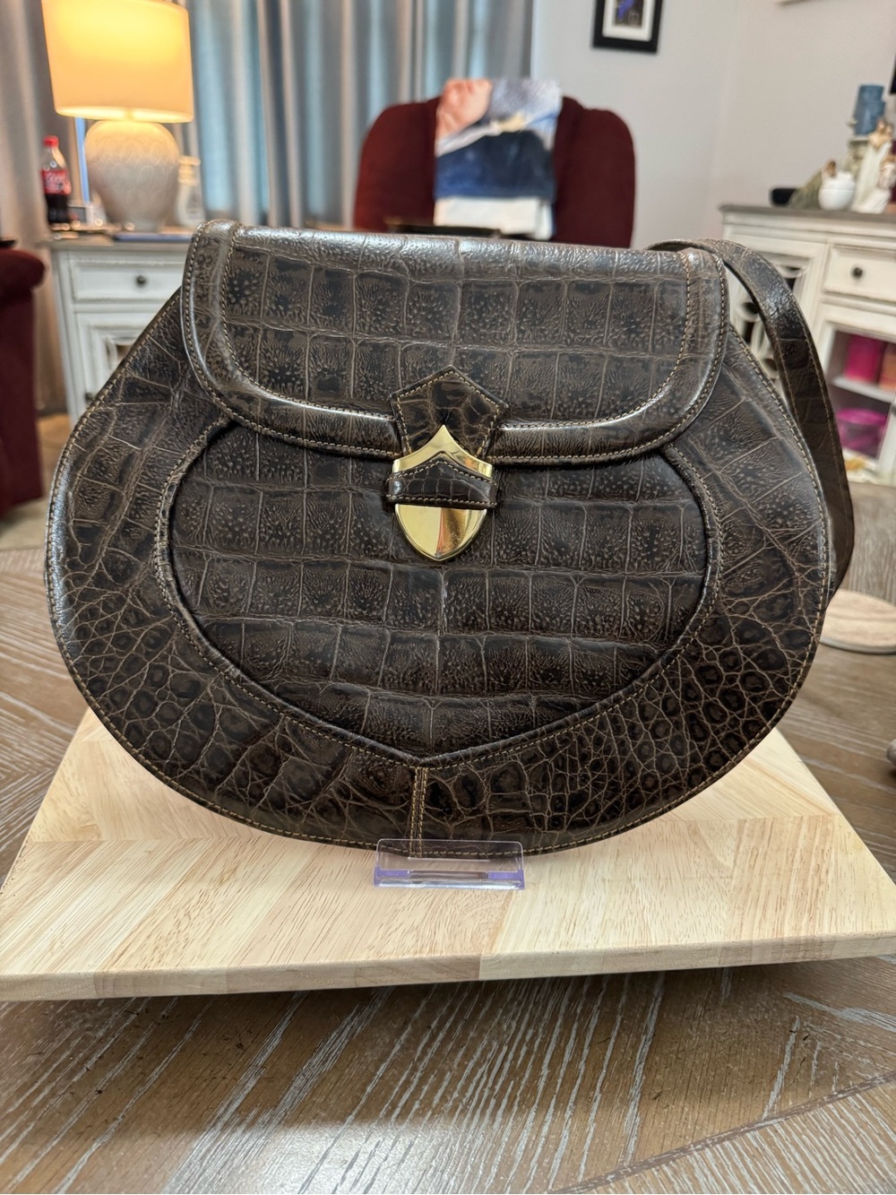 Susan Gail Dark Brown Croc-Embossed Saddle Crossbody Bag with Gold Tone Clasp